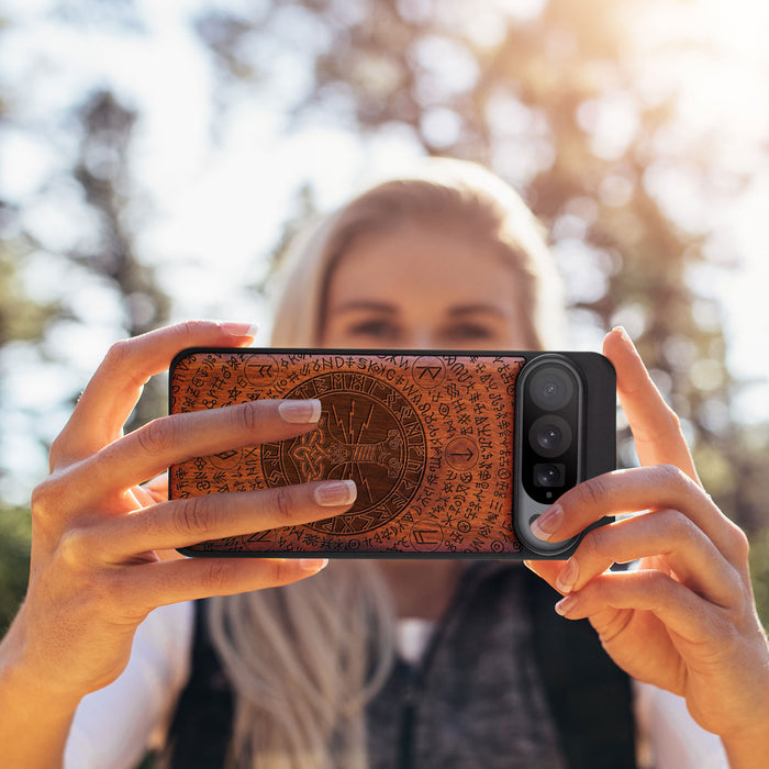 Mjölnir and the Runes, Classic Engraved Wood & TPU Case - Artisanal Cover for Google Pixel