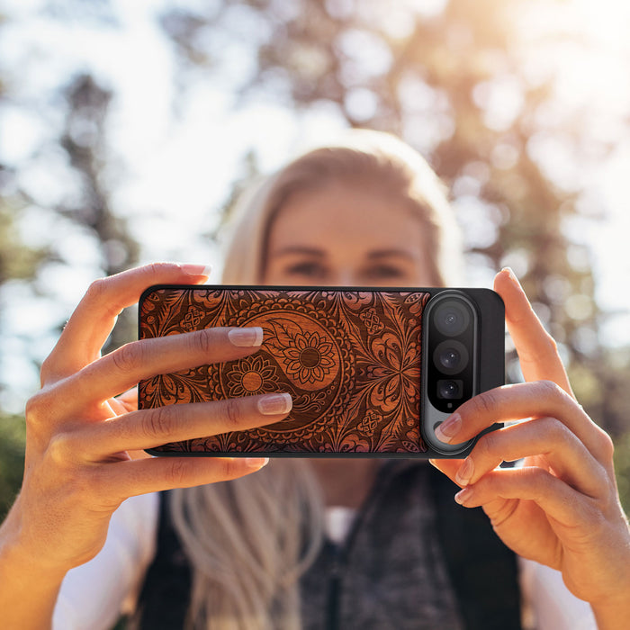 The Yin Yang Mandala, Classic Engraved Wood & TPU Case - Artisanal Cover for Google Pixel