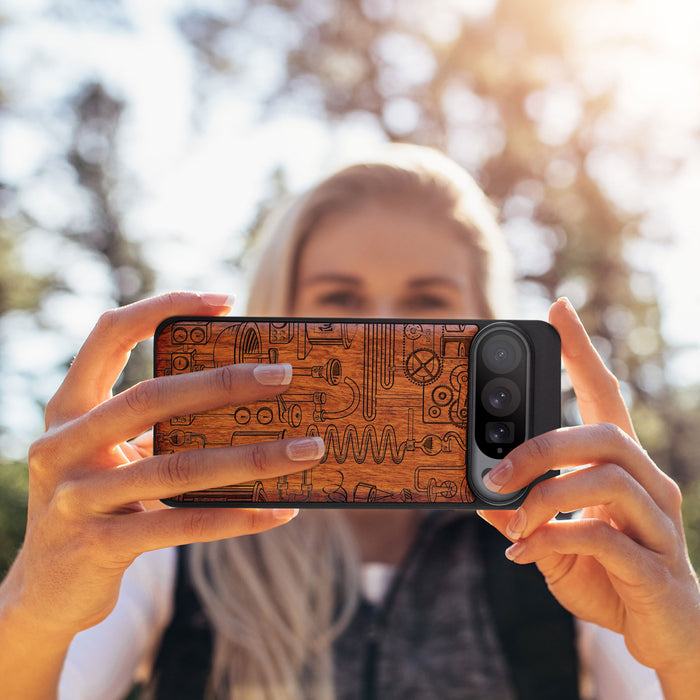 Machinery in Harmony, Classic Engraved Wood & TPU Case - Artisanal Cover for Google Pixel