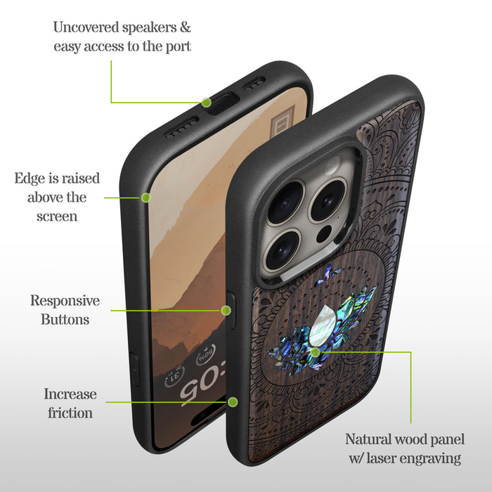 Lotus Mandala Essence, Hand-Inlaid Wood & Mother of Pearl Case - Artisanal Cover for Apple iPhone