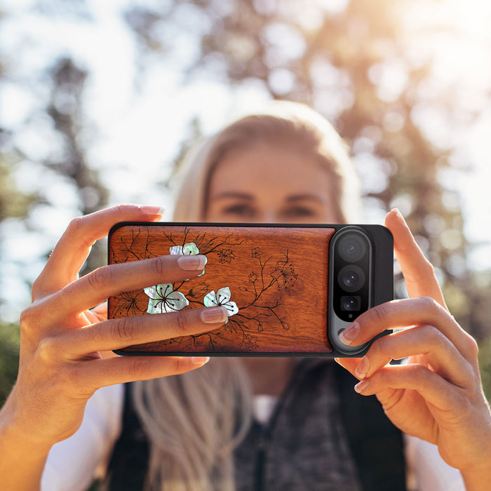 Whispering Sakura Blooms, Hand-Inlaid Wood & Mother of Pearl Case - Artisanal Cover for Google Pixel