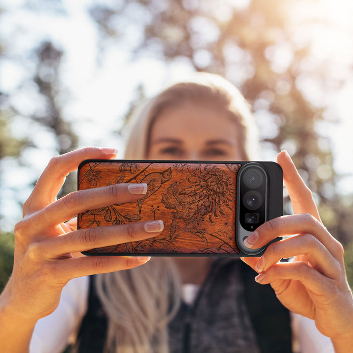 The Chrysanthemum and the Songbird, Classic Engraved Wood & TPU Case - Artisanal Cover for Google Pixel