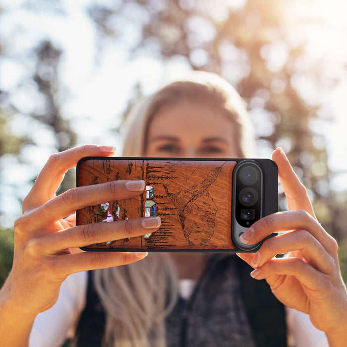 Mountains, Lake, and Village Life, Hand-Inlaid Wood & Mother of Pearl Case - Artisanal Cover for Google Pixel