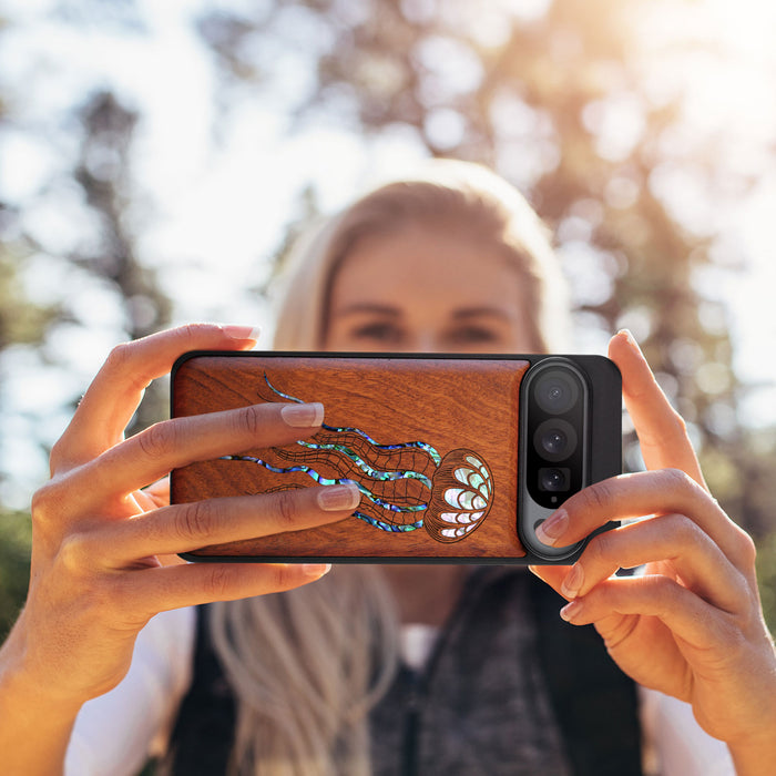 Zentangle Art Jellyfish, Hand-Inlaid Wood & Mother of Pearl Case - Artisanal Cover for Google Pixel