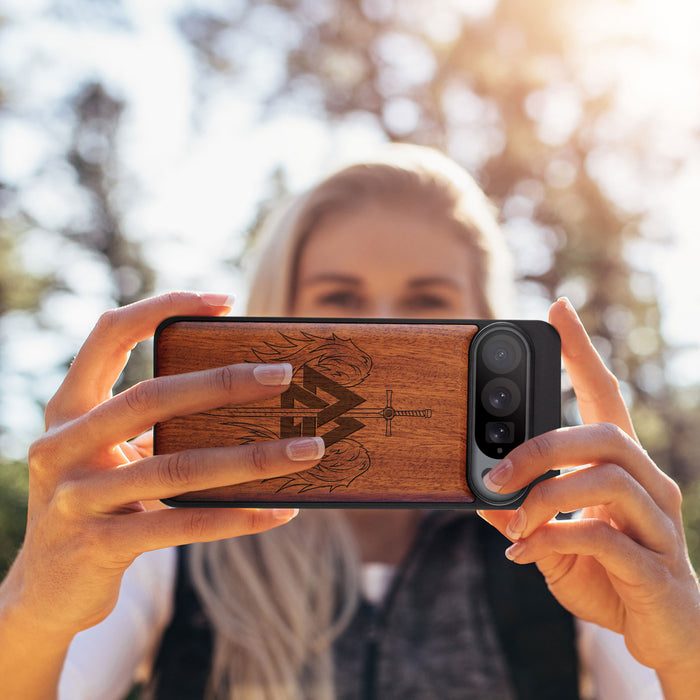 Valknut and Sword, Classic Engraved Wood & TPU Case - Artisanal Cover for Google Pixel