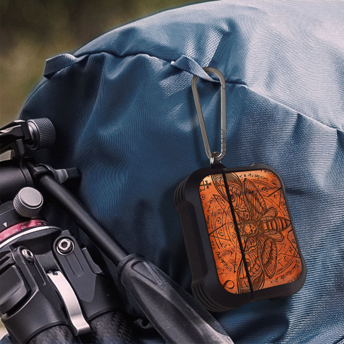 The Death Moth and Octagonal Star - Wood Artisan Engraved & Shell Hand-Inlaid Cover - Artisanal Case for Apple AirPods (Titanium Quick Released Clasp)