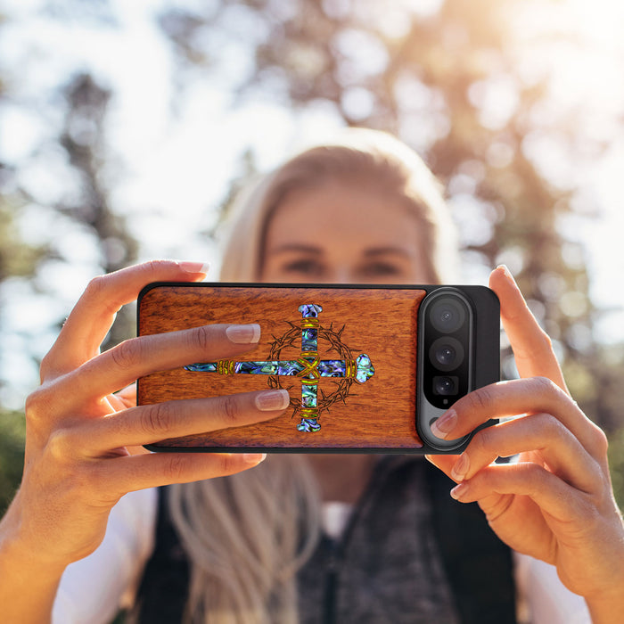 Crucifix Nails, Hand-Inlaid Wood & Mother of Pearl Case - Artisanal Cover for Google Pixel