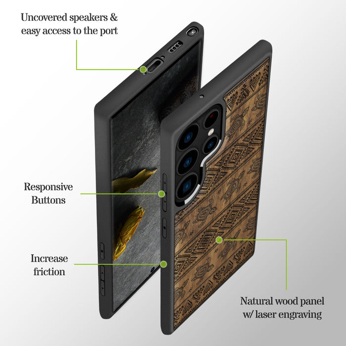 The Aztec Sea Turtle, Classic Engraved Wood & TPU Case - Artisanal Cover for Samsung Galaxy