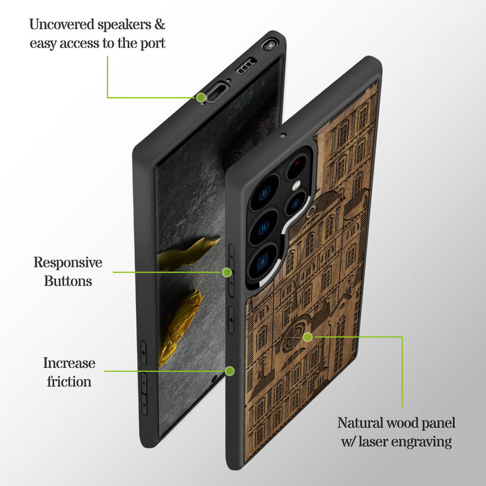 The Classical Ensemble, Classic Engraved Wood & TPU Case - Artisanal Cover for Samsung Galaxy