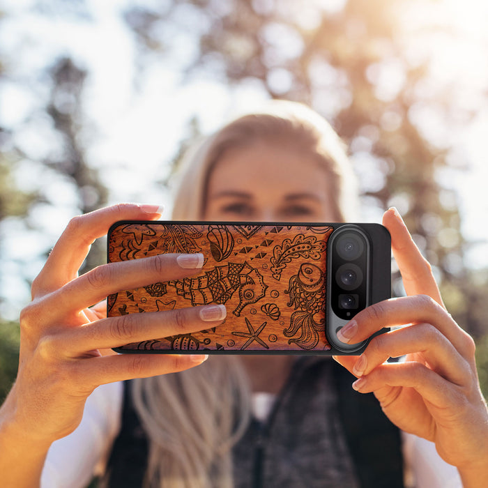 An Aquatic Symphony, Classic Engraved Wood & TPU Case - Artisanal Cover for Google Pixel