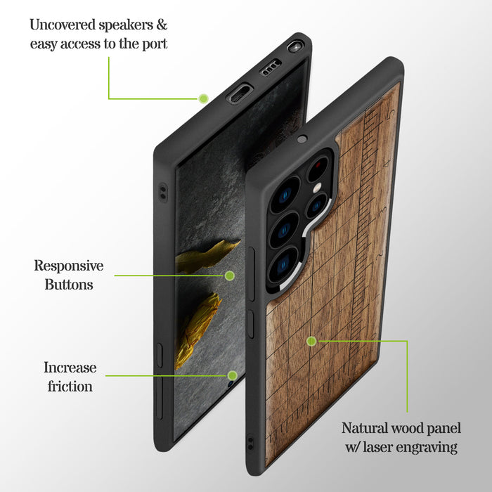 Measuring the Fine Details, Classic Engraved Wood & TPU Case - Artisanal Cover for Samsung Galaxy