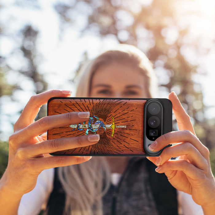 Serpent Winged Sword, Hand-Inlaid Wood & Mother of Pearl Case - Artisanal Cover for Google Pixel