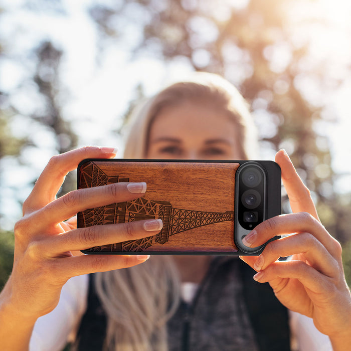 The Eiffel Tower in Geometric Splendour, Classic Engraved Wood & TPU Case - Artisanal Cover for Google Pixel