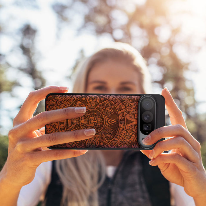 Echoes of the Maya, Classic Engraved Wood & TPU Case - Artisanal Cover for Google Pixel