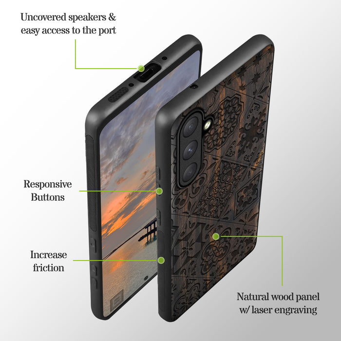 A Dynamic Tapestry of Traditional Moroccan Tiles, Classic Engraved Wood & TPU Case - Artisanal Cover for Samsung Galaxy