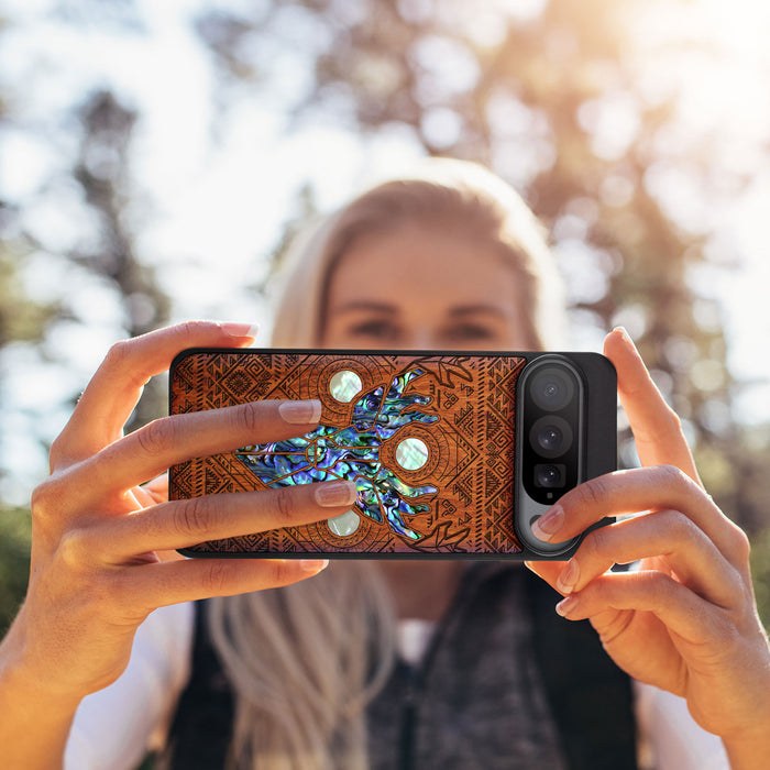 Aztec Geometric Deer, Hand-Inlaid Wood & Mother of Pearl Case - Artisanal Cover for Google Pixel