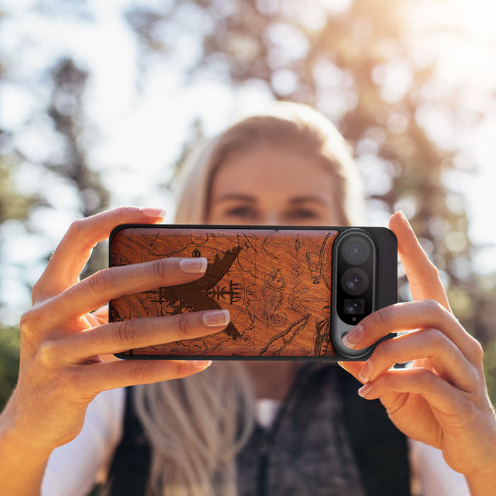 Splash Ink Vegvisir amidst Maritime Relics, Classic Engraved Wood & TPU Case - Artisanal Cover for Google Pixel