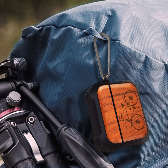 Classic Bicycle Silhouette - Wood Artisan Engraved & Shell Hand-Inlaid Cover - Artisanal Case for Apple AirPods (Titanium Quick Released Clasp)