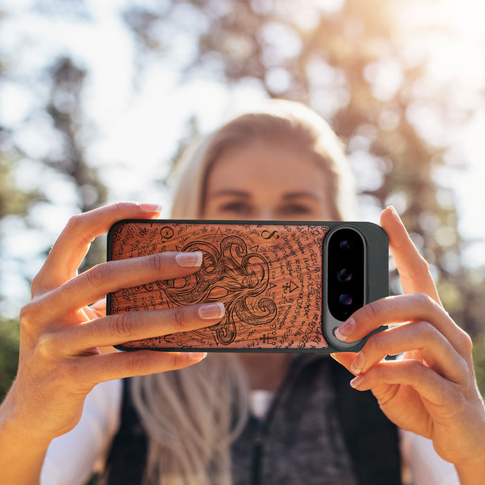 Celestial Cephalopod, Classic Engraved Wood & TPU Case - Artisanal Cover for Google Pixel
