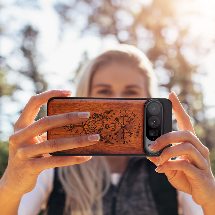 The Guiding Vegvisir, Classic Engraved Wood & TPU Case - Artisanal Cover for Google Pixel