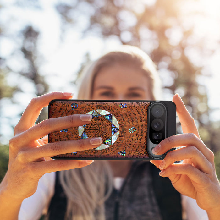 The Sacred Seals, Hand-Inlaid Wood & Mother of Pearl Case - Artisanal Cover for Google Pixel