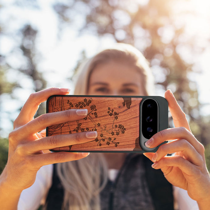 Mount Fuji and the Ocean Through Cherry Blossom, Classic Engraved Wood & TPU Case - Artisanal Cover for Google Pixel