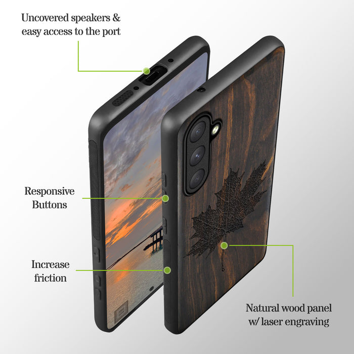 Intricate Maple Leaf Sketch, Classic Engraved Wood & TPU Case - Artisanal Cover for Samsung Galaxy