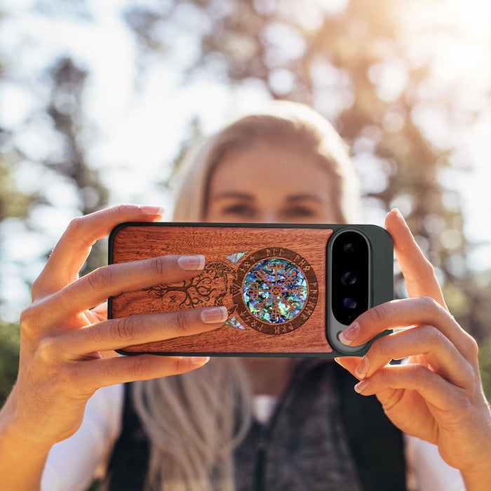 Eternal Compass Roots, Hand-Inlaid Wood & Mother of Pearl Case - Artisanal Cover for Google Pixel