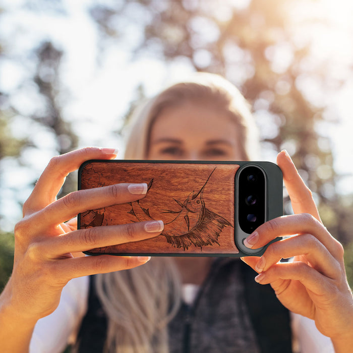 The Soaring Marlin, Classic Engraved Wood & TPU Case - Artisanal Cover for Google Pixel