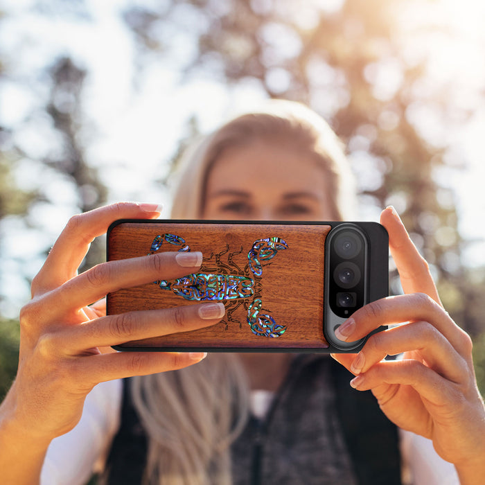 The Tribal Scorpion, Hand-Inlaid Wood & Mother of Pearl Case - Artisanal Cover for Google Pixel