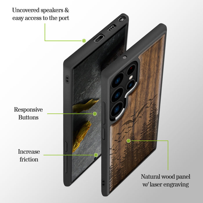 Bats Over the Forest, Classic Engraved Wood & TPU Case - Artisanal Cover for Samsung Galaxy