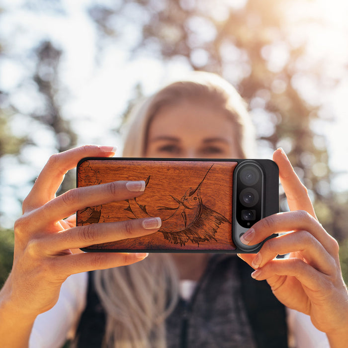 The Soaring Marlin, Classic Engraved Wood & TPU Case - Artisanal Cover for Google Pixel