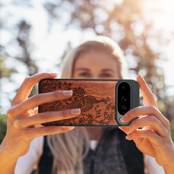 The Majestic Asian Peacock, Classic Engraved Wood & TPU Case - Artisanal Cover for Google Pixel