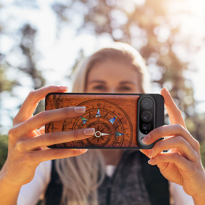 The Compass and the Wave, Hand-Inlaid Wood & Mother of Pearl Case - Artisanal Cover for Google Pixel