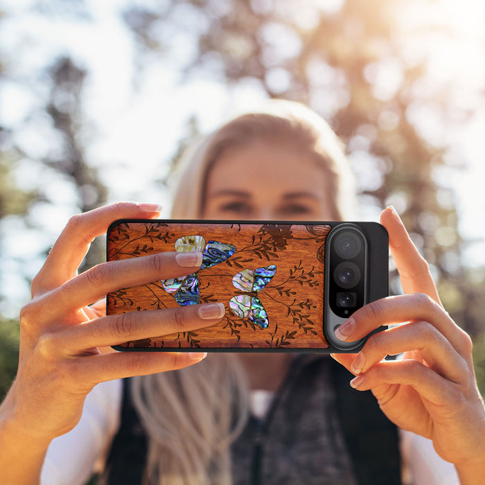 A Dance of Nature, Hand-Inlaid Wood & Mother of Pearl Case - Artisanal Cover for Google Pixel