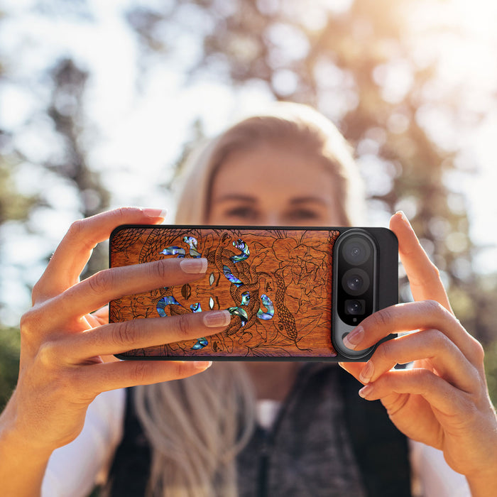 The Medusa Enigma, Hand-Inlaid Wood & Mother of Pearl Case - Artisanal Cover for Google Pixel