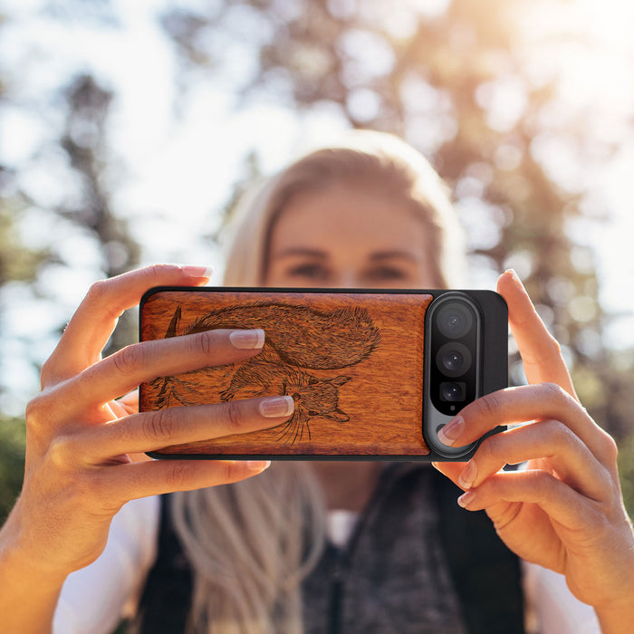 The Squirrel Sketch, Classic Engraved Wood & TPU Case - Artisanal Cover for Google Pixel