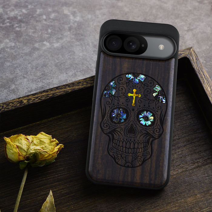 The Dia de los Muertos Sugar Skull, Hand-Inlaid Wood & Mother of Pearl Case - Artisanal Cover for Google Pixel