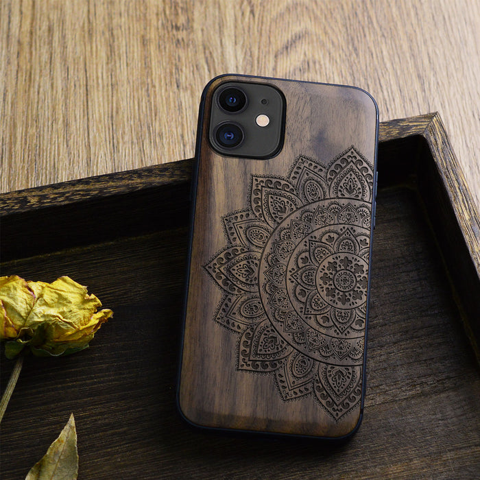 The Half Mandala Lace Pattern, Classic Engraved Wood & TPU Case - Artisanal Cover for Apple iPhone