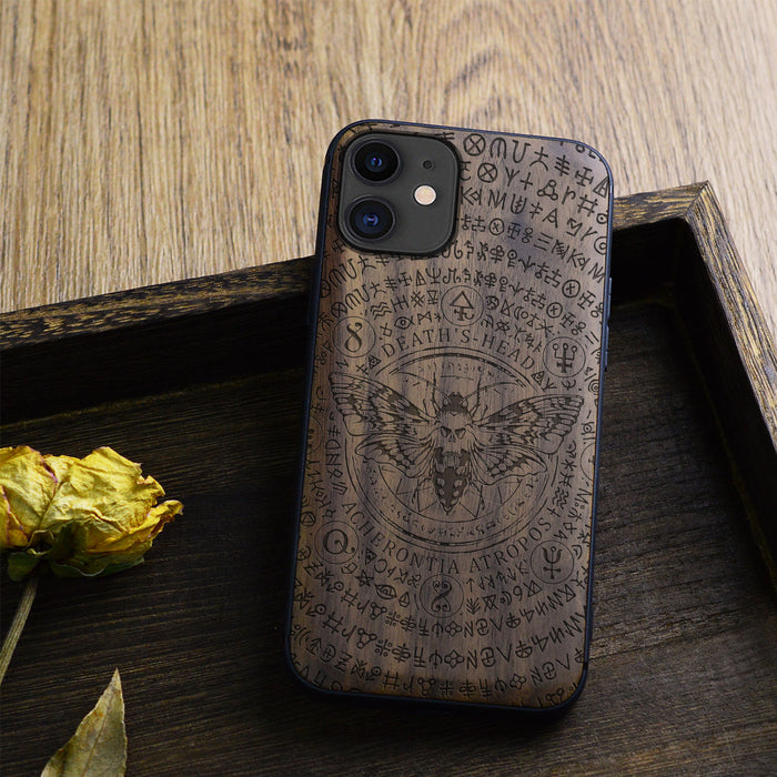 The Death's-Head Butterfly Amidst Runes and Occult, Classic Engraved Wood & TPU Case - Artisanal Cover for Apple iPhone