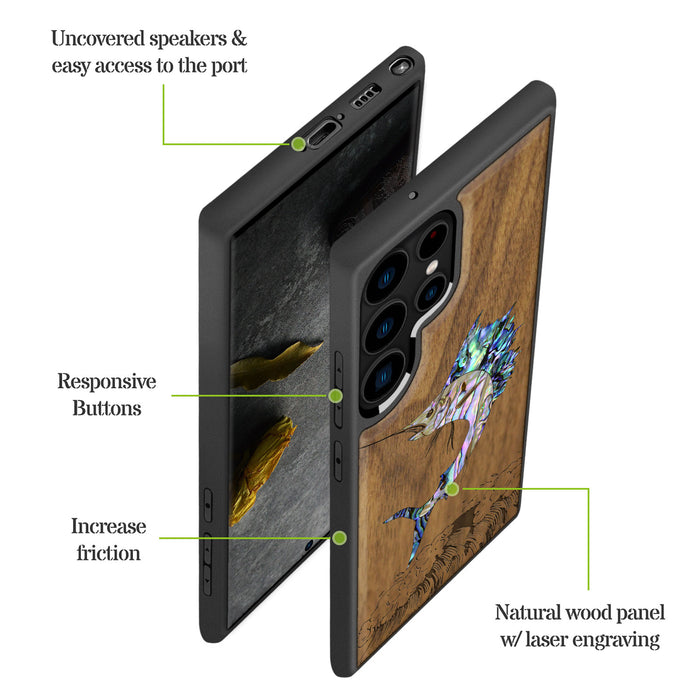 The Soaring Marlin, Hand-Inlaid Wood & Mother of Pearl Case - Artisanal Cover for Samsung Galaxy