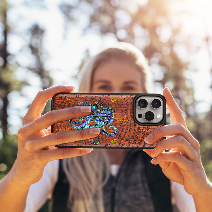 Octopus and Octagonal Star, Hand-Inlaid Wood & Mother of Pearl Case - Artisanal Cover for Apple iPhone