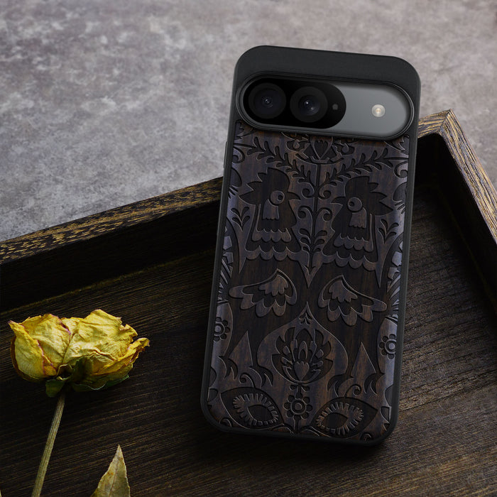 Polish Folk Art with Roosters and Florals, Classic Engraved Wood & TPU Case - Artisanal Cover for Google Pixel