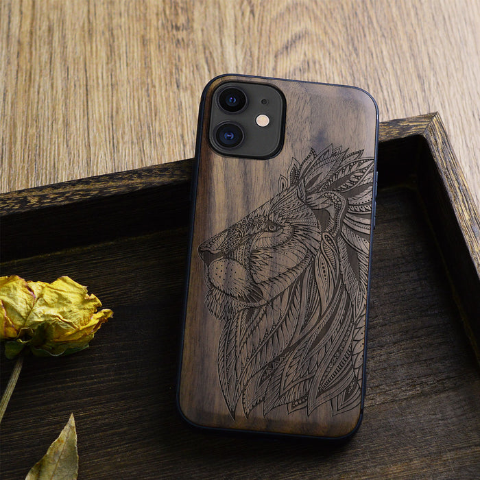 The Ornate Lion's Head, Classic Engraved Wood & TPU Case - Artisanal Cover for Apple iPhone