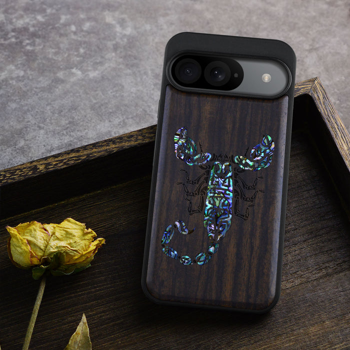 The Tribal Scorpion, Hand-Inlaid Wood & Mother of Pearl Case - Artisanal Cover for Google Pixel