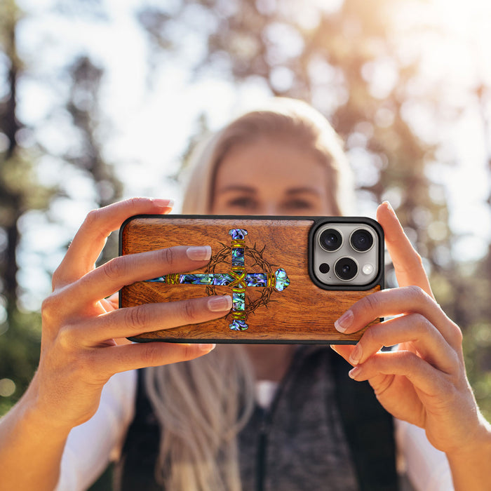 Crucifix Nails, Hand-Inlaid Wood & Mother of Pearl Case - Artisanal Cover for Apple iPhone