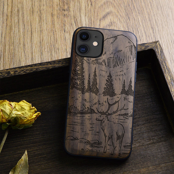 An Enthralling Natural Landscape Illustration, Classic Engraved Wood & TPU Case - Artisanal Cover for Apple iPhone