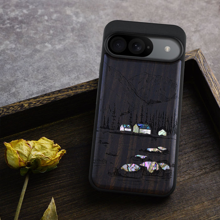 Mountains, Lake, and Village Life, Hand-Inlaid Wood & Mother of Pearl Case - Artisanal Cover for Google Pixel