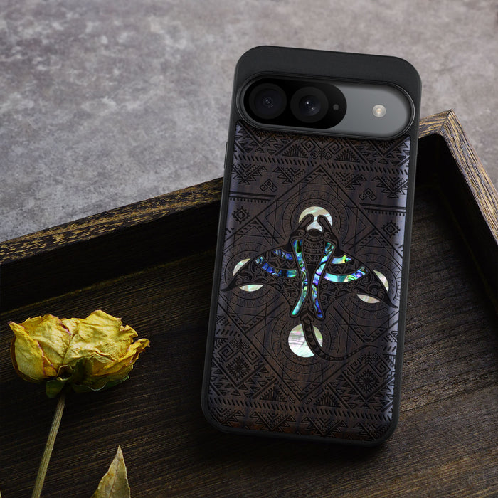 The Tribal Manta Ray, Hand-Inlaid Wood & Mother of Pearl Case - Artisanal Cover for Google Pixel