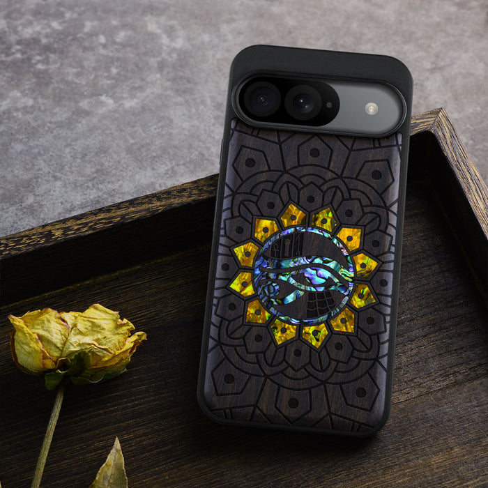 Eternal Horus Mandala, Hand-Inlaid Wood & Mother of Pearl Case - Artisanal Cover for Google Pixel